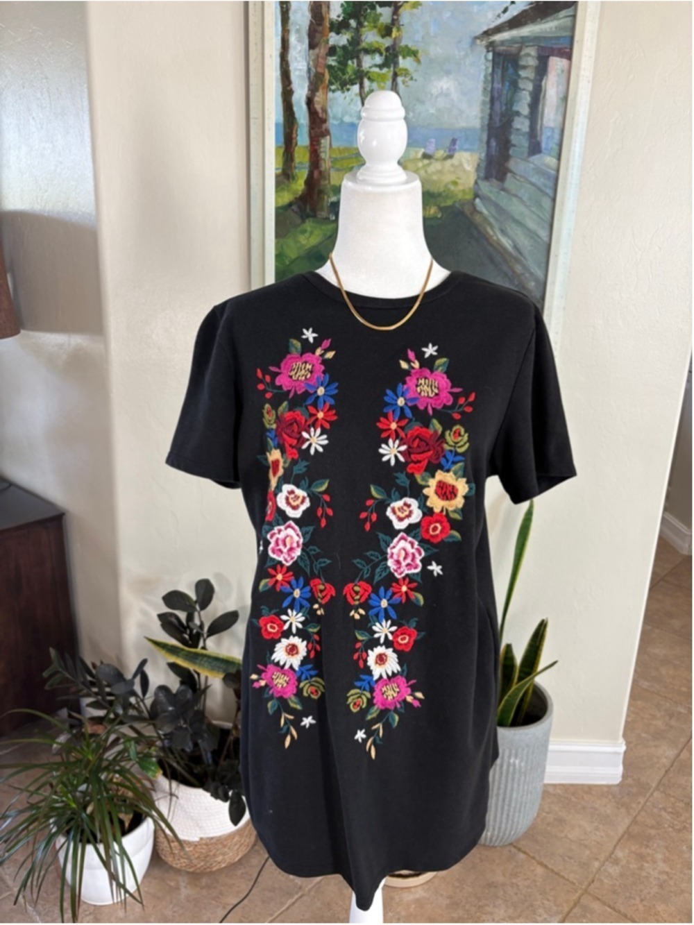 Umgee Black Floral Embroidered Mini Dress L, colorful, floral, comfortable